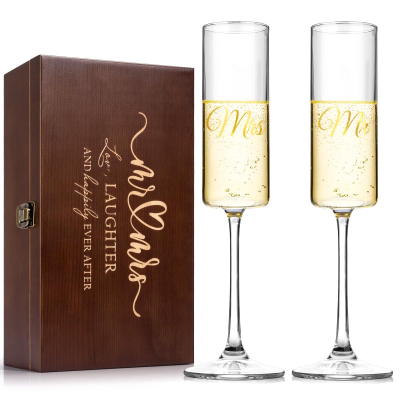 Giftissimo Mr and Mrs Champagne Flutes Set of 2, Crystal Bride and Groom Champagne Glasses, Engagement Bridal Shower and Registry Gifts for Couple Newlyweds, Wedding Anniversary Toasting Glasses with Wooden Box - Image 1