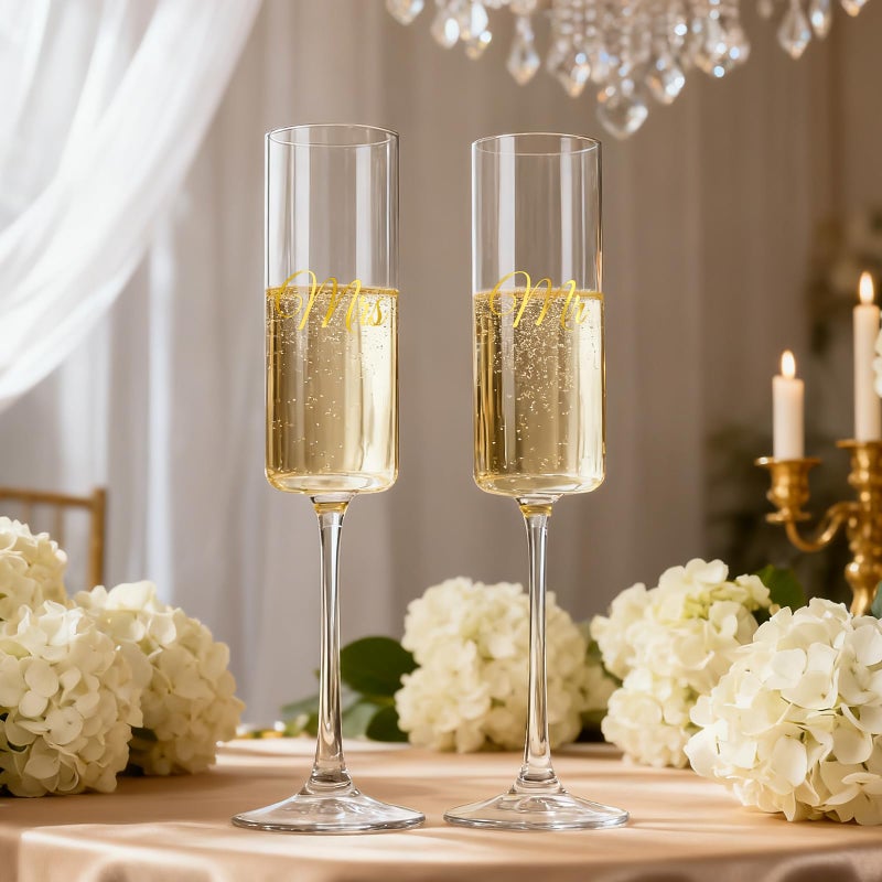 Giftissimo Mr and Mrs Champagne Flutes Set of 2, Crystal Bride and Groom Champagne Glasses, Engagement Bridal Shower and Registry Gifts for Couple Newlyweds, Wedding Anniversary Toasting Glasses with Wooden Box - Image 4