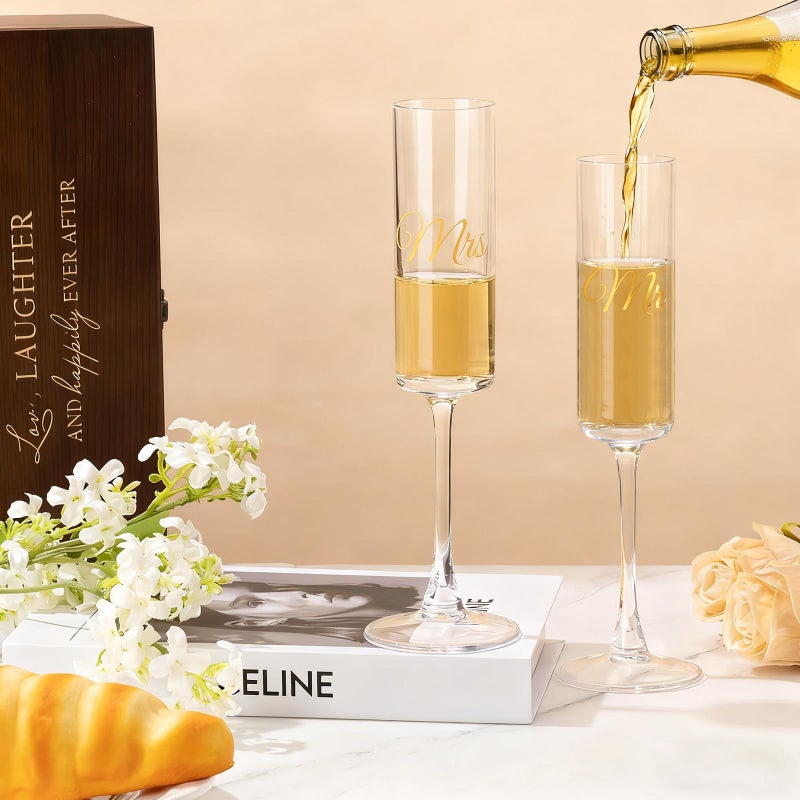 Giftissimo Mr and Mrs Champagne Flutes Set of 2, Crystal Bride and Groom Champagne Glasses, Engagement Bridal Shower and Registry Gifts for Couple Newlyweds, Wedding Anniversary Toasting Glasses with Wooden Box - Image 5