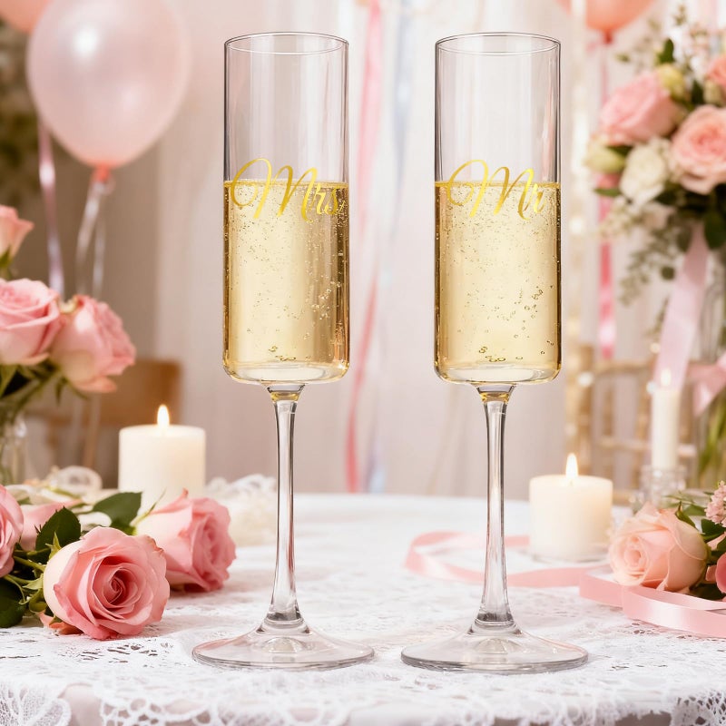 Giftissimo Mr and Mrs Champagne Flutes Set of 2, Crystal Bride and Groom Champagne Glasses, Engagement Bridal Shower and Registry Gifts for Couple Newlyweds, Wedding Anniversary Toasting Glasses with Wooden Box - Image 3