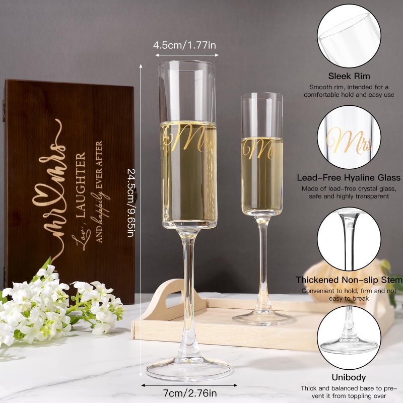 Giftissimo Mr and Mrs Champagne Flutes Set of 2, Crystal Bride and Groom Champagne Glasses, Engagement Bridal Shower and Registry Gifts for Couple Newlyweds, Wedding Anniversary Toasting Glasses with Wooden Box - Image 2