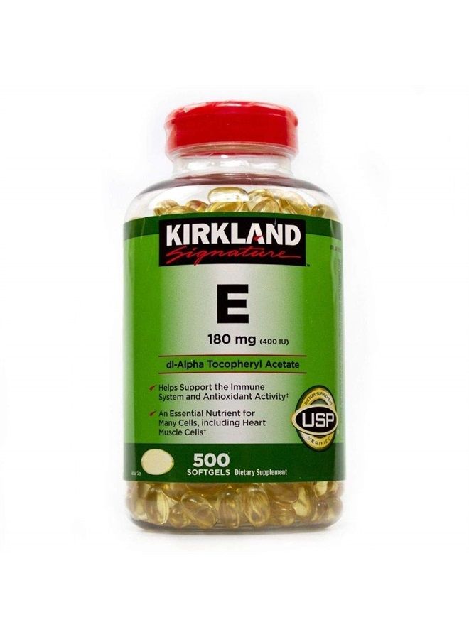 Kirkland Signature Vitamin E 400 I.U. 500 Softgels, Bottle, Yellow - Image 1