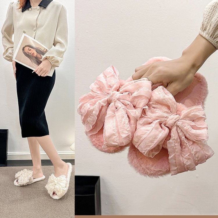 Women's Indoor Furry Bow Slippers - Image 1