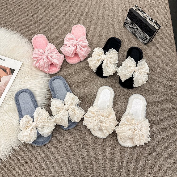 Women's Indoor Furry Bow Slippers - Image 2