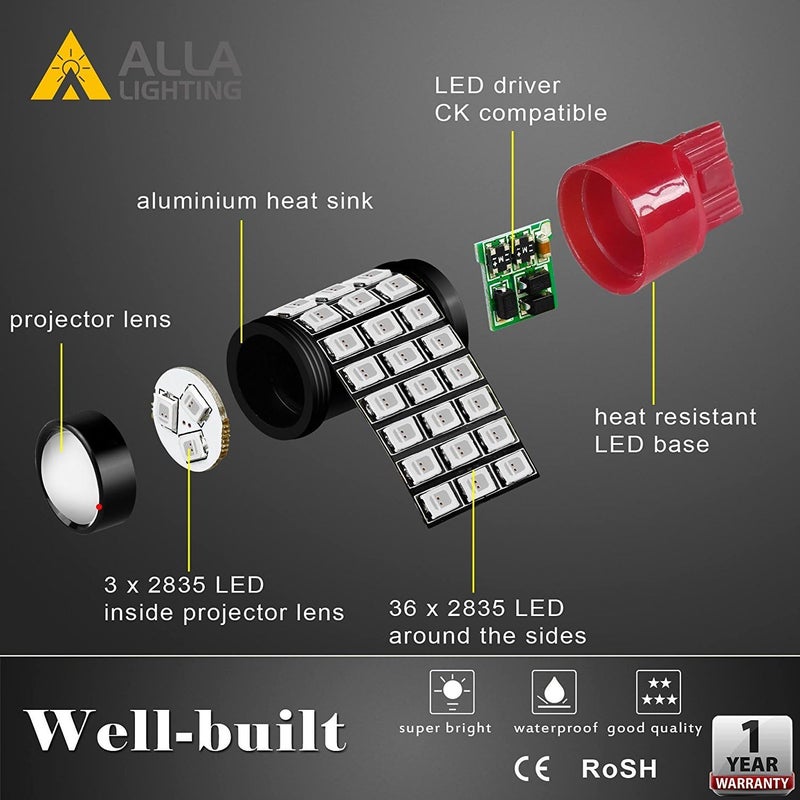 Alla Lighting ألا لايتينج مُحدث حديثًا 7440 7443 LED لفرامل التوقف، والذيل، وإشارات الانعطاف، أحمر T20 وتد 7444 7440LL 7443LL W21W 992 سوبر برايت 2835-SMD استبدال - Image 5
