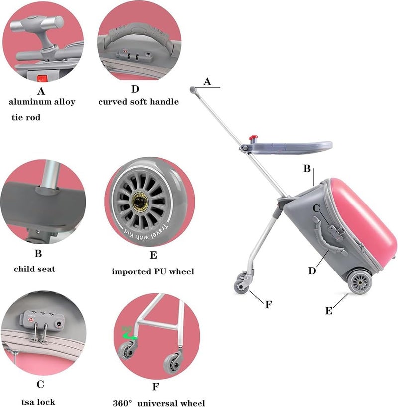 JCB CHIC حقيبة سفر للأطفال، حقيبة سفر قابلة للتمدد مع تصميم مقعد للأطفال، حقيبة عربة للأطفال مقاس 20 بوصة بعجلات، مريحة للسفر والرحلات والعودة إلى الوطن (وردي) - Image 3