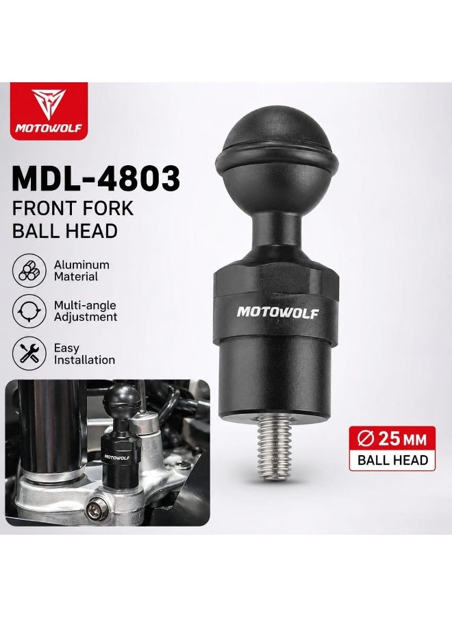 موتوولف حامل رأس كروي من الألومنيوم للشوكة الأمامية للدراجات النارية MOTOWOLF MDL-4803 - محول قاعدة كروية 25 مم لكاميرا الحركة / حامل الهاتف / ملحقات نظام تحديد المواقع العالمي (GPS) - Image 1