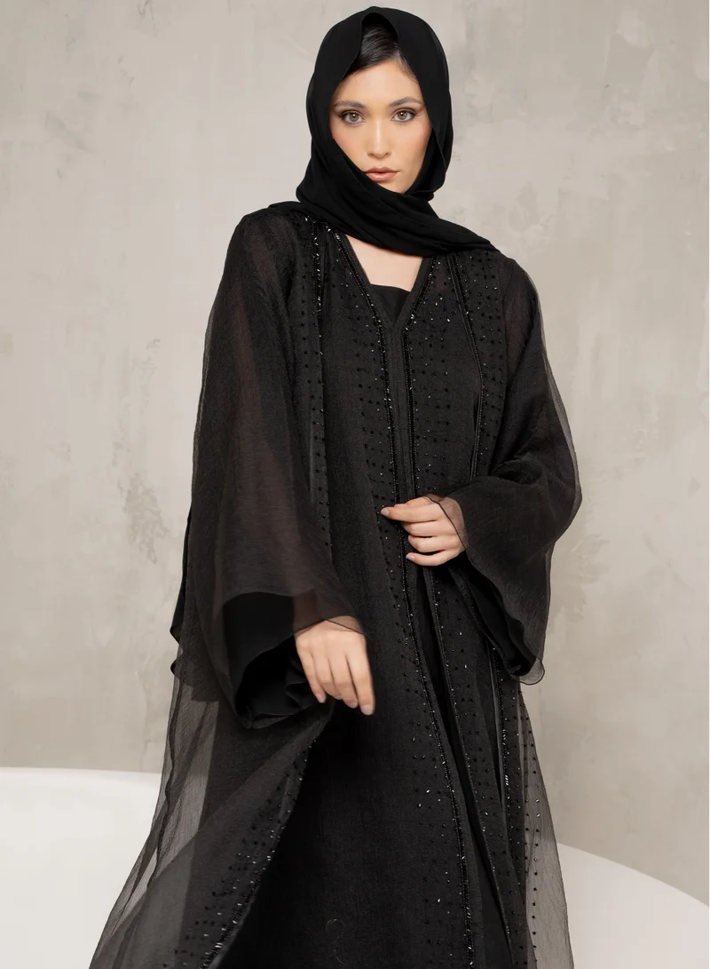 Couturelabs Black Organza Double Layer Stone Work Abaya with Sheila