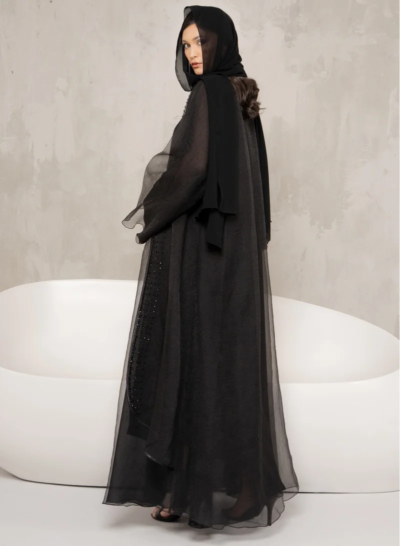 Couturelabs Black Organza Double Layer Stone Work Abaya with Sheila