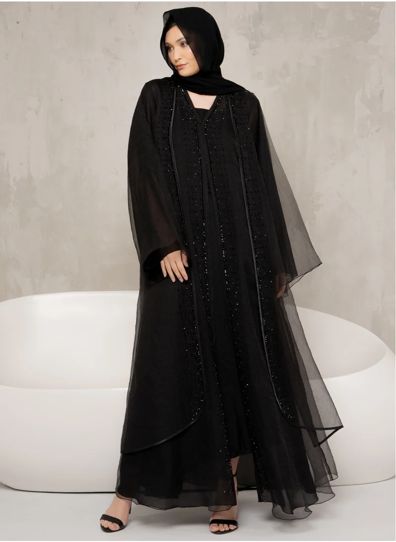 Couturelabs Black Organza Double Layer Stone Work Abaya with Sheila