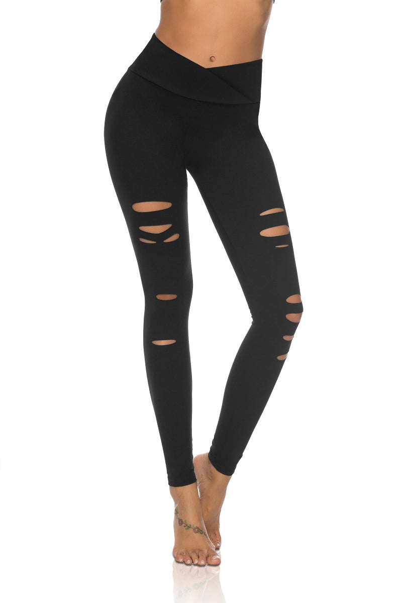 DIBAOLONG Black Crossover Leggings for Women Cross High Waist Yoga Pants Ripped Cutout Tummy Control Skinny Leggings Black L - Image 1