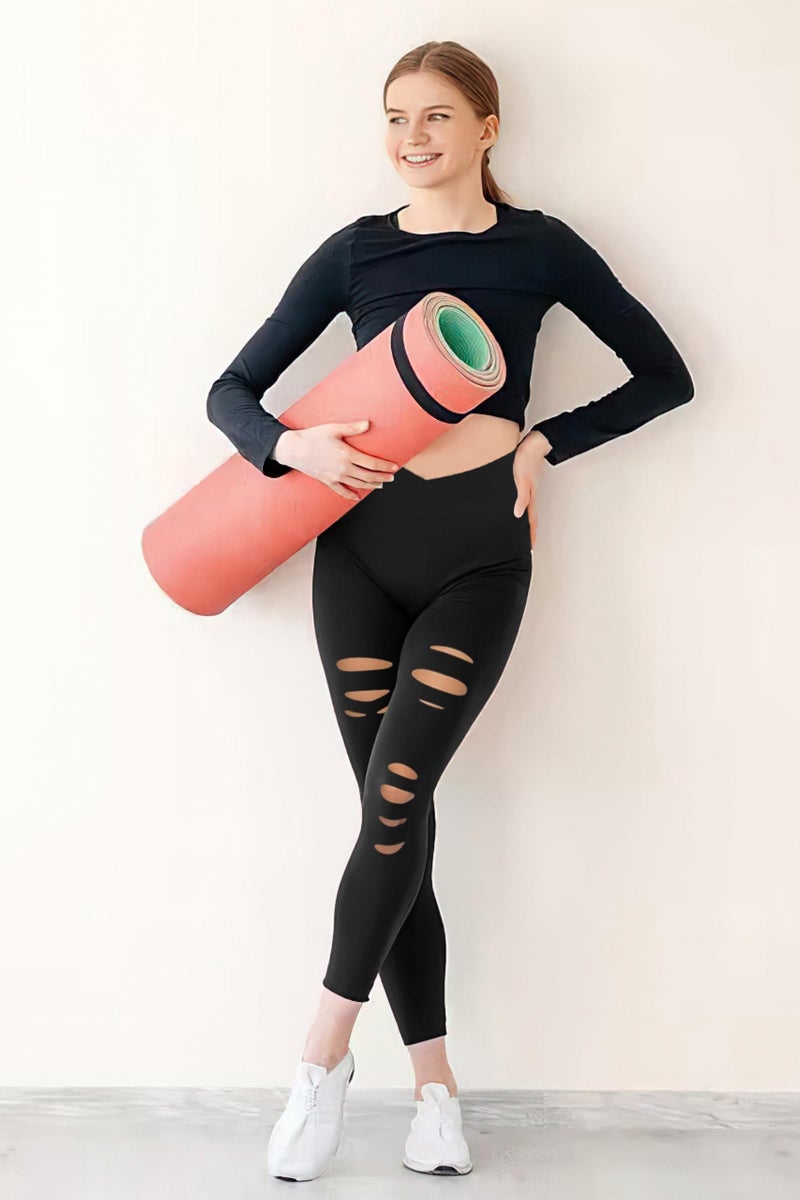 DIBAOLONG Black Crossover Leggings for Women Cross High Waist Yoga Pants Ripped Cutout Tummy Control Skinny Leggings Black L - Image 3