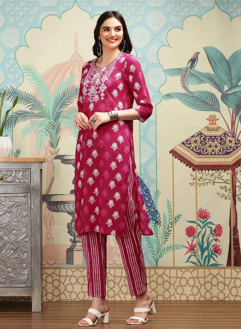 ISHIN Women's Pink 100% Cotton Printed Straight Fit Kurta Set