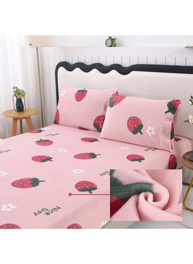 MAG 3Pcs Pink Twin Flannel Strawberry Bed Sheets,Floral Sheet Set,Cute Bed Sheets,Kawaii Microfiber Fluffy Warm,Twin Sheets Set Kids Girls Boys,Super Soft with 1 Fitted Sheet and 2 Pillowcases. - Image 1