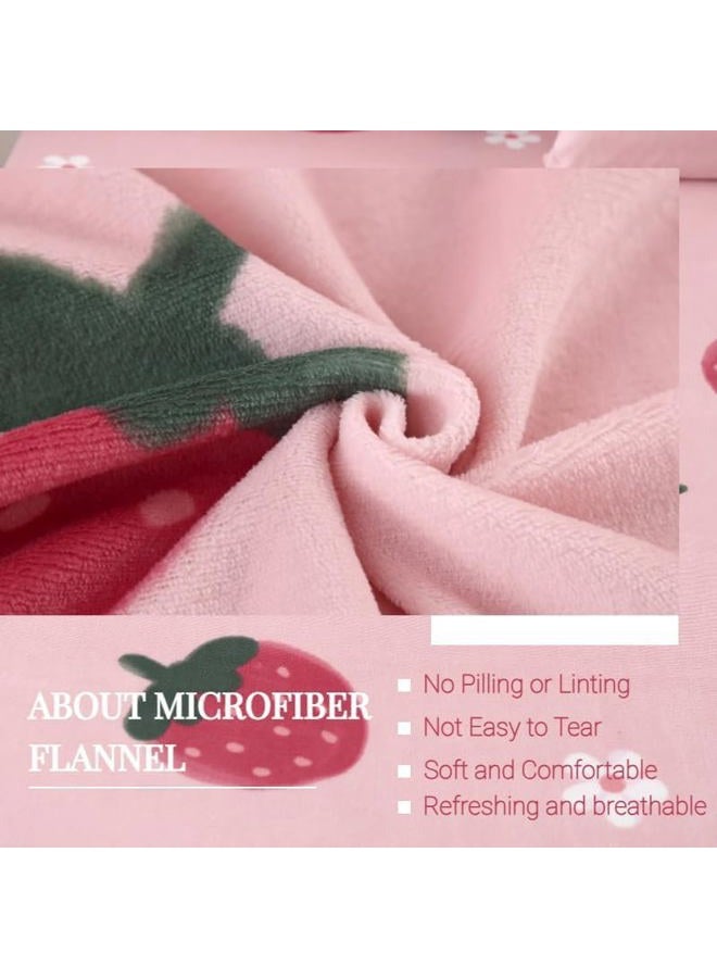 MAG 3Pcs Pink Twin Flannel Strawberry Bed Sheets,Floral Sheet Set,Cute Bed Sheets,Kawaii Microfiber Fluffy Warm,Twin Sheets Set Kids Girls Boys,Super Soft with 1 Fitted Sheet and 2 Pillowcases. - Image 2