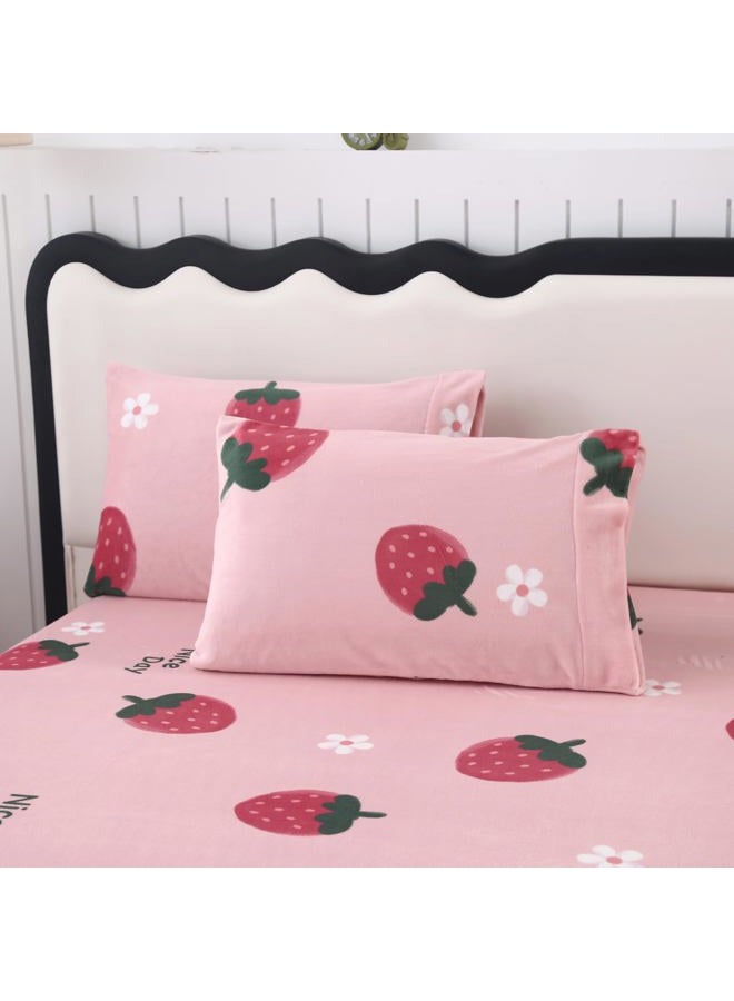 MAG 3Pcs Pink Twin Flannel Strawberry Bed Sheets,Floral Sheet Set,Cute Bed Sheets,Kawaii Microfiber Fluffy Warm,Twin Sheets Set Kids Girls Boys,Super Soft with 1 Fitted Sheet and 2 Pillowcases. - Image 5