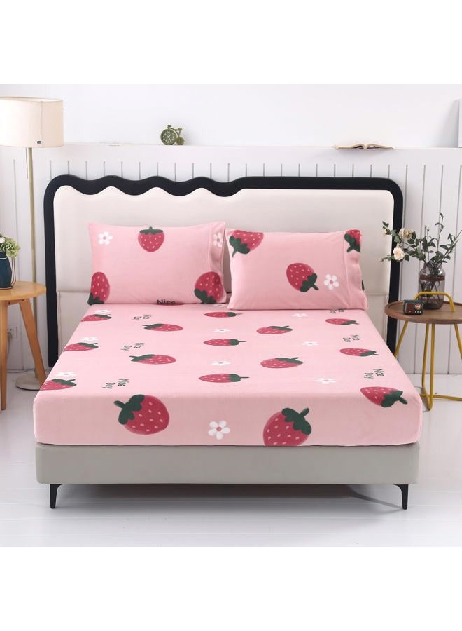 MAG 3Pcs Pink Twin Flannel Strawberry Bed Sheets,Floral Sheet Set,Cute Bed Sheets,Kawaii Microfiber Fluffy Warm,Twin Sheets Set Kids Girls Boys,Super Soft with 1 Fitted Sheet and 2 Pillowcases. - Image 3