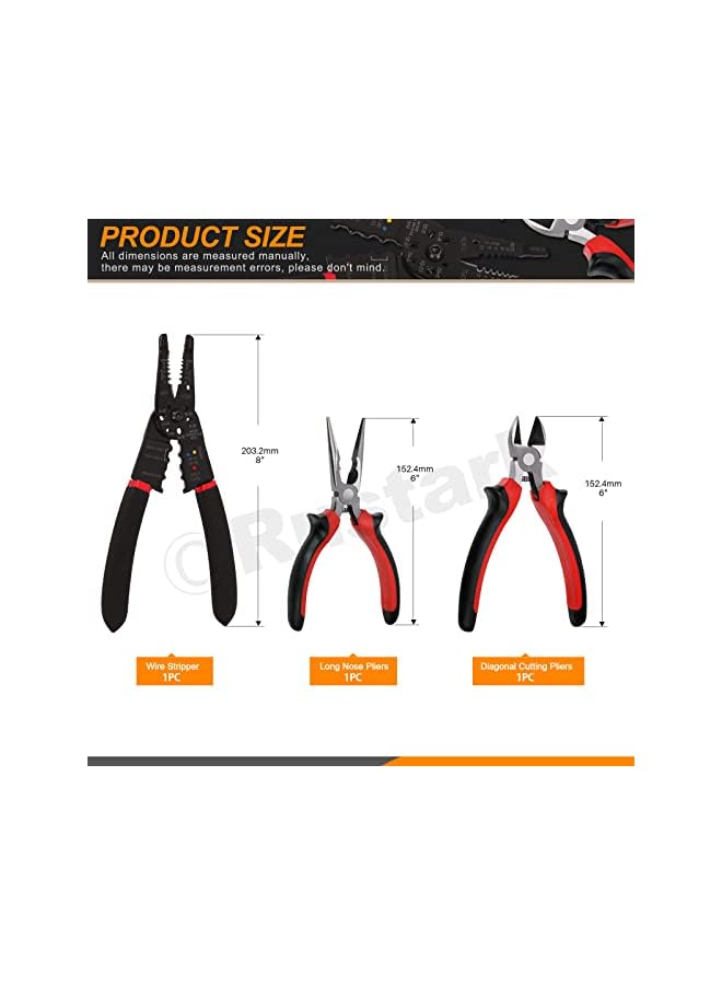 promass 3Pcs Pliers Tools Set, 8" Wire Stripper Tool 6" Diagonal Cutting Pliers 6" Long Nose Pliers Electrical Pliers Tool Set for Electrical Wire Cutting, Repairing, DIY Projects - Image 2