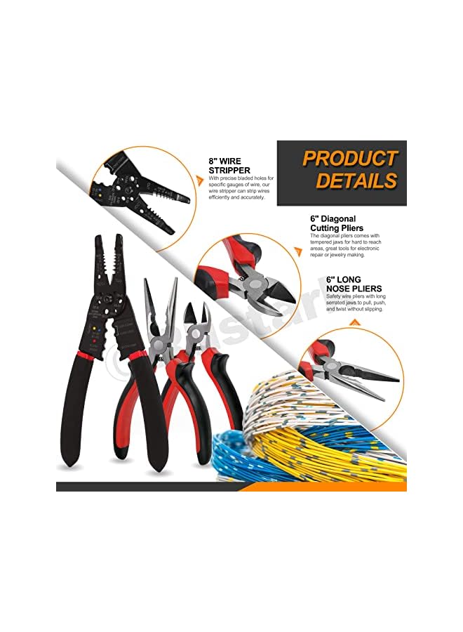 promass 3Pcs Pliers Tools Set, 8" Wire Stripper Tool 6" Diagonal Cutting Pliers 6" Long Nose Pliers Electrical Pliers Tool Set for Electrical Wire Cutting, Repairing, DIY Projects - Image 4