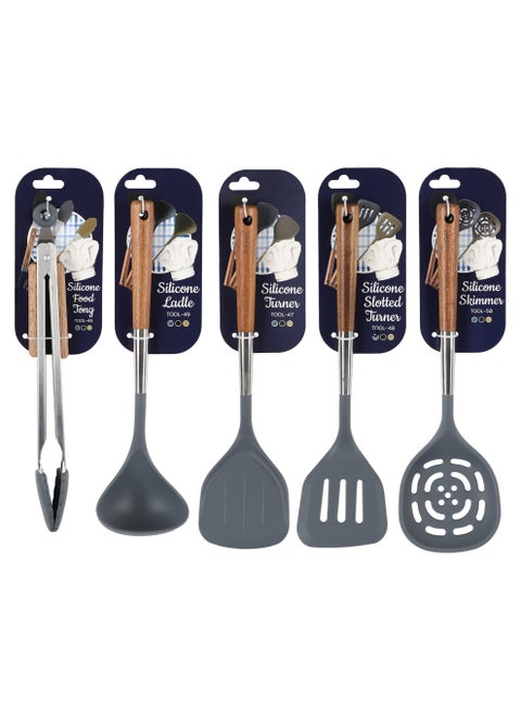 Lifesmile Silicone Kitchen Utensils Set | Ladle, Turner, Slotted Turner, Skimmer & Food Tong | Wooden Handle