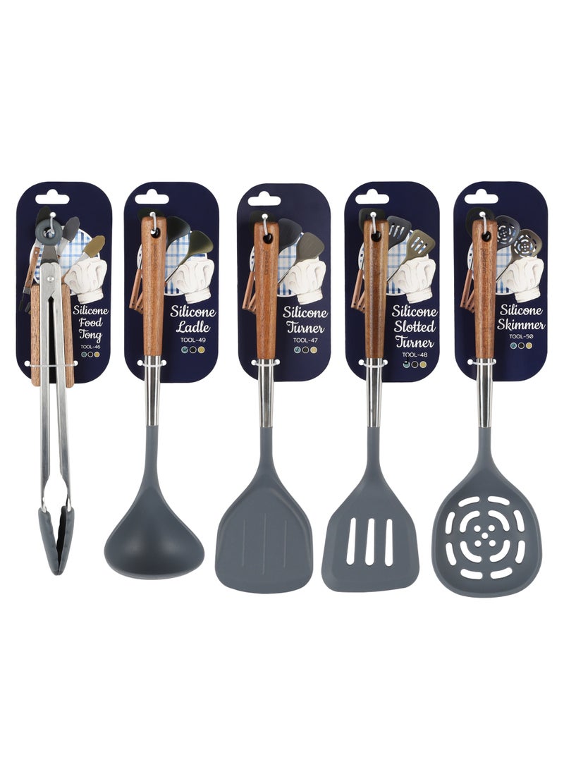 Life Smile Lifesmile Silicone Kitchen Utensils Set | Ladle, Turner, Slotted Turner, Skimmer & Food Tong | Wooden Handle - Image 1
