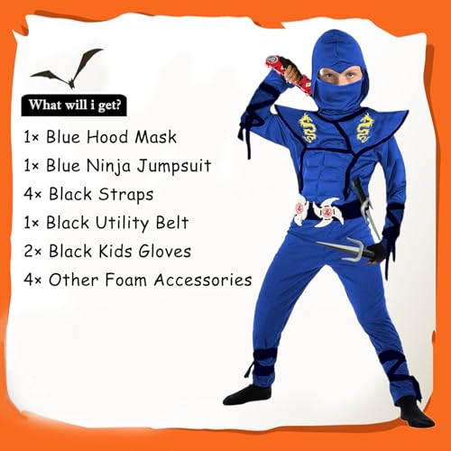 SATKULL Blue Ninja Costume for Kids Ninja Deluxe Costumes Set with Ninjas Accessories for Boy Dress Up(Kids-S-4T/5T Blue) - Image 3