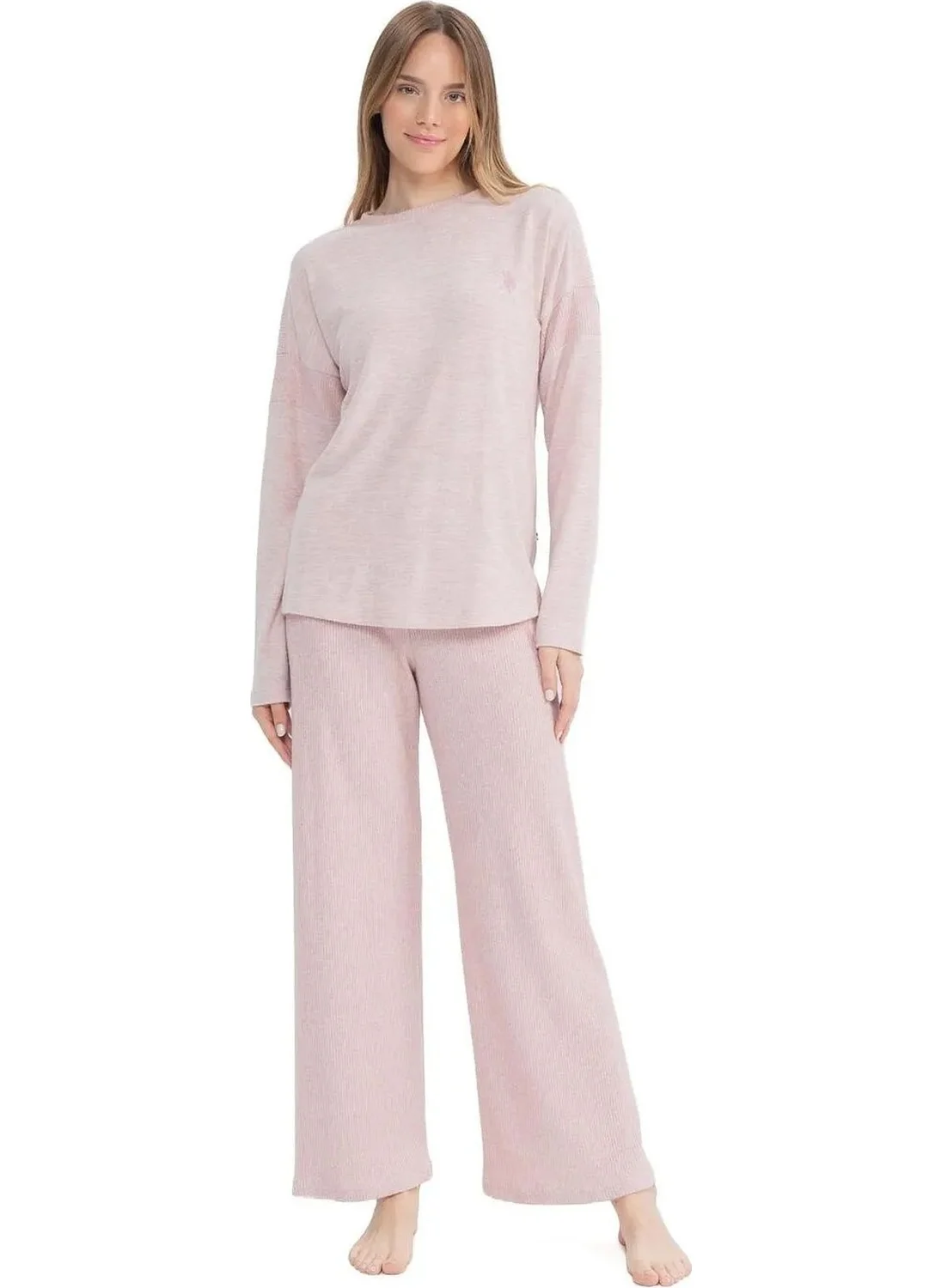 U.S. Polo Assn. 17085 Women's Soft Fabric Long Sleeve Round Neck Pajama Set-Pink Melange