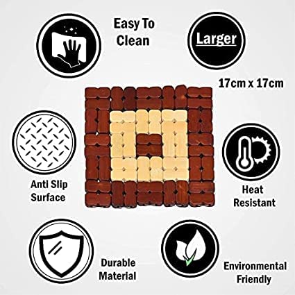 RIGJAK 3 Square Pot Mat Wooden Square Pot Mat Hot Pot Holder Mat, Anti-Slip Coasters Dining Table Mat, Wooden Style Dining Table,Coffee,Tea Holder Mat (Pack of 4) - Image 5