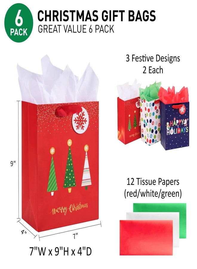 SUNCOLOR Small Christmas Gift Bags with Tissue Paper, 6 Pack Holiday Theme Bags in 3 Festive Designs, 7x9x4 Inches, Red Navy White with 12 Sheets Tissue Paper - Image 2