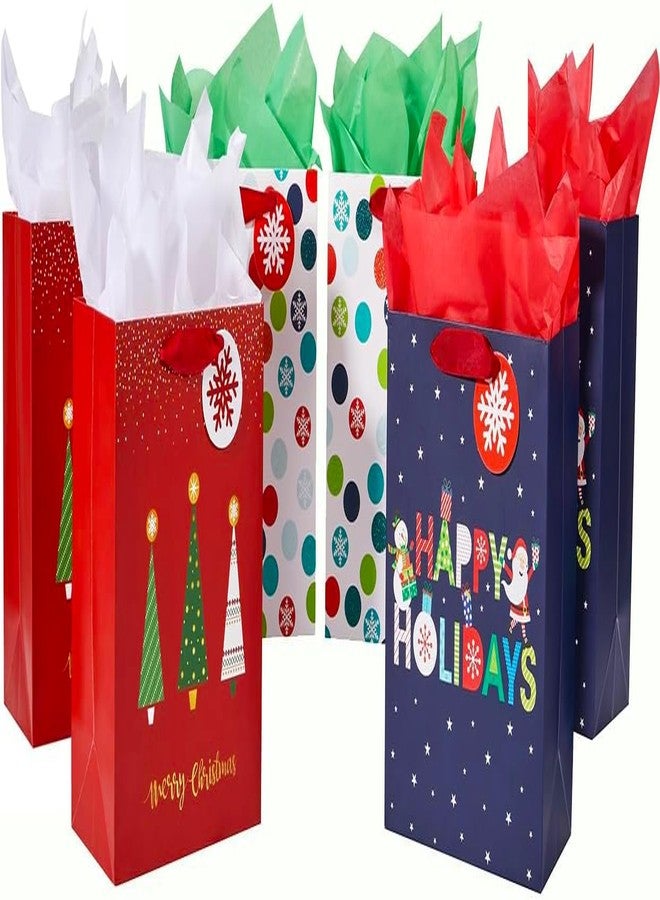 SUNCOLOR Small Christmas Gift Bags with Tissue Paper, 6 Pack Holiday Theme Bags in 3 Festive Designs, 7x9x4 Inches, Red Navy White with 12 Sheets Tissue Paper - Image 1