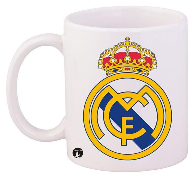 RYN Durable Heat-Resistant Thick Wall Designed Ergonomic Handled Football Club Real Madrid Printed Mug White/Blue/Yellow 11ounce