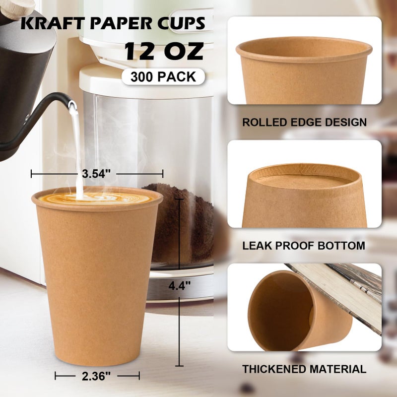 SIUQ 300 Pack 12 oz Kraft Paper Cups, Unbleached Disposable Paper Coffee Cups, Thickened Hot/Cold Beverage Drinking Cup for Party, Home, Cafes, Bistros, Businesses (Brown) - Image 2