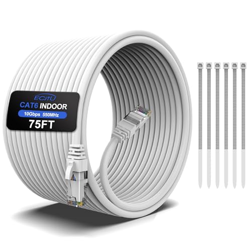 ecjtu 75FT Cat6 Ethernet Cable, Cat 6 Patch Cable, Cat6 Internet Cable, UTP Network Cable, Indoor and Outdoor, PoE, 24AWG CCA, Compatible for PC, Laptop, Router, Switch, Server, with 25 Cable Ties - White - Image 1