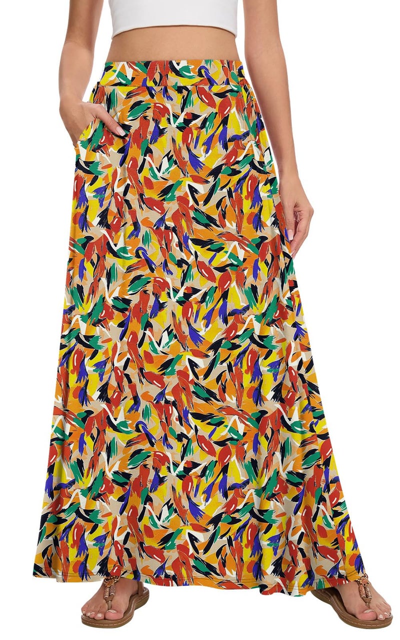 Leafsay Womens Maxi A-line Long Summer Skirt Elastic High Waist Flowy Skirt with Pockets(Color-Feather,L) - Image 1