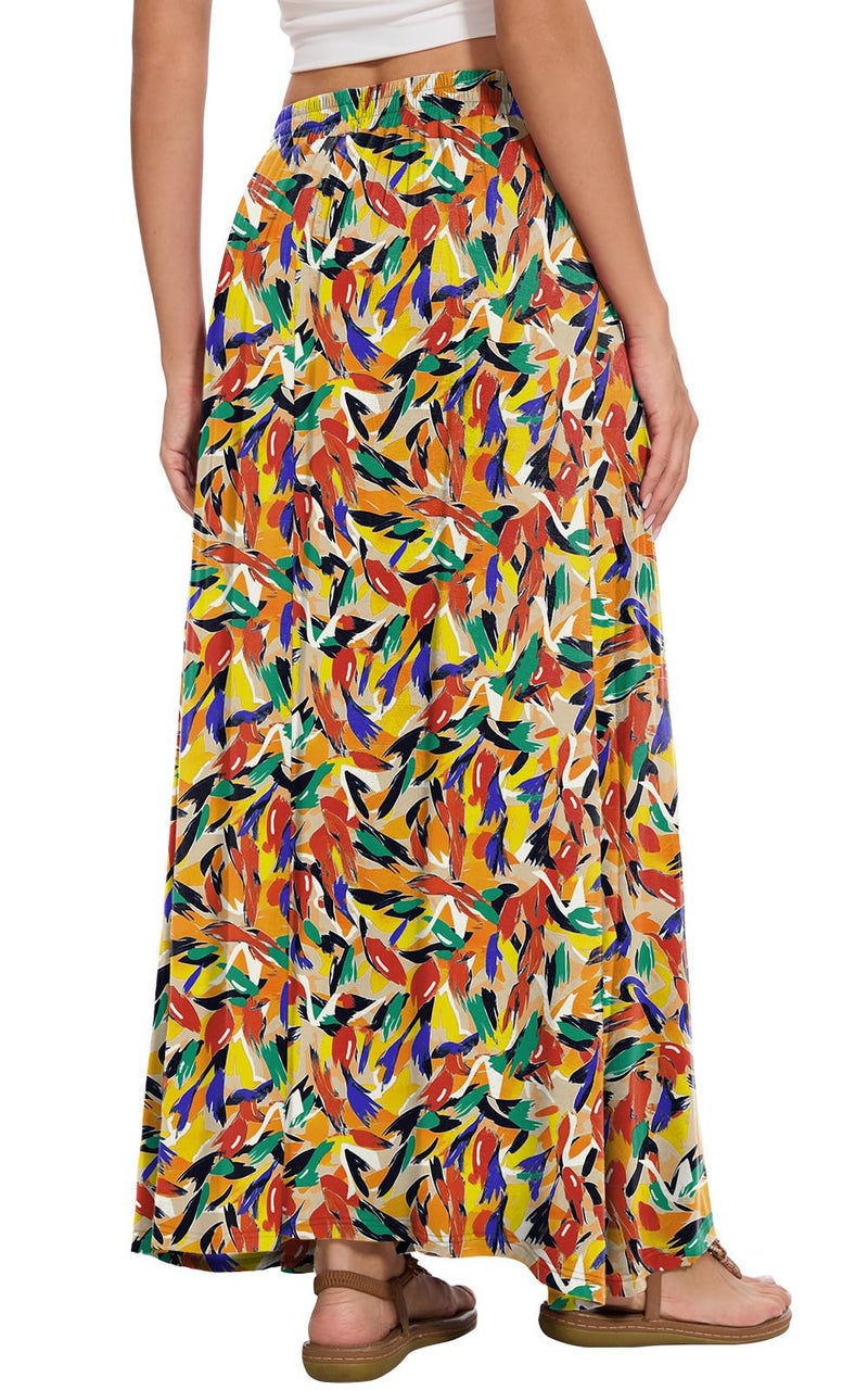 Leafsay Womens Maxi A-line Long Summer Skirt Elastic High Waist Flowy Skirt with Pockets(Color-Feather,L) - Image 3