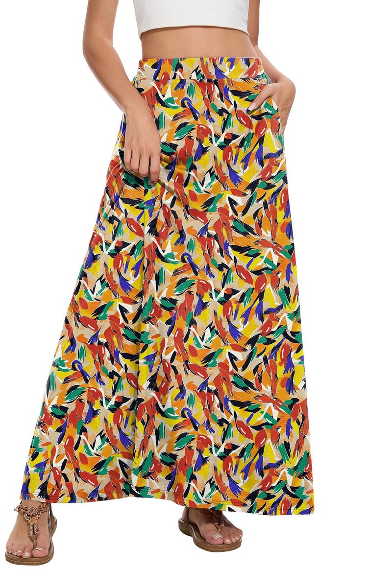 Leafsay Womens Maxi A-line Long Summer Skirt Elastic High Waist Flowy Skirt with Pockets(Color-Feather,L) - Image 2