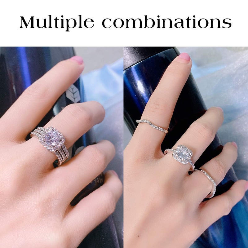 MDFUN 18K White Gold Plated Cubic Zirconia Three-in-One Halo Wedding Engagement Promise Eternity Ring for Women (7.5) - Image 5