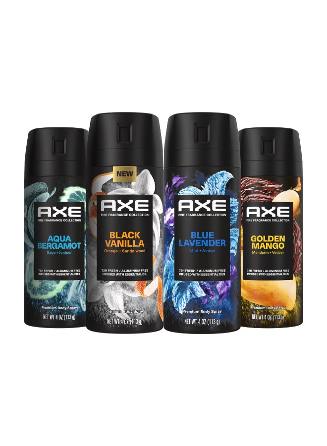 Axe مجموعة AXE للعطور الفاخرة رذاذ الجسم للرجال مجموعة متنوعة لافندر أزرق أكوا برغموت مانجو ذهبي فانيليا سوداء عبوة من 4 72 ساعة حماية من الروائح خالية من الألمنيوم 4 أونصات - Image 2