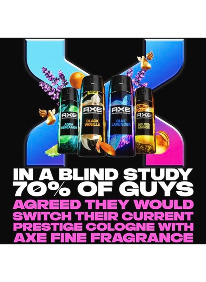 Axe مجموعة AXE للعطور الفاخرة رذاذ الجسم للرجال مجموعة متنوعة لافندر أزرق أكوا برغموت مانجو ذهبي فانيليا سوداء عبوة من 4 72 ساعة حماية من الروائح خالية من الألمنيوم 4 أونصات - Image 3