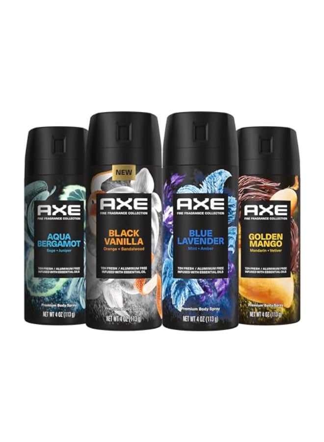 Axe مجموعة AXE للعطور الفاخرة رذاذ الجسم للرجال مجموعة متنوعة لافندر أزرق أكوا برغموت مانجو ذهبي فانيليا سوداء عبوة من 4 72 ساعة حماية من الروائح خالية من الألمنيوم 4 أونصات - Image 1