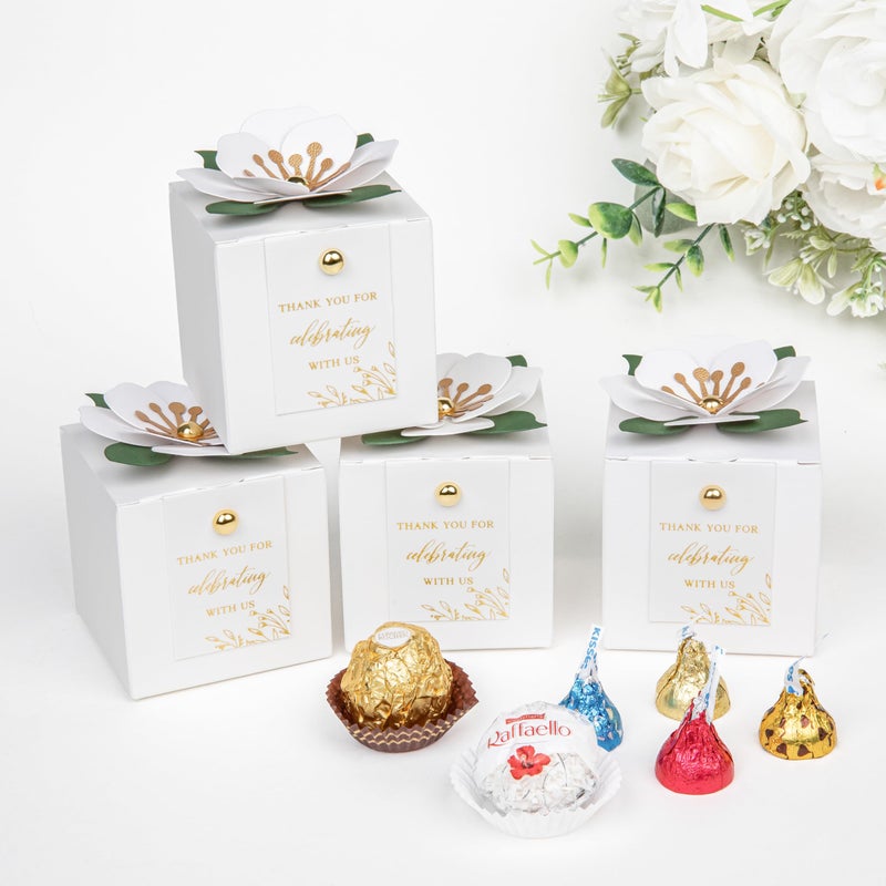 FEIYI 20 PCS Favor Boxes, 3 In 1 White Candy Boxes with Floral Decor, White Thank You Tags Gold Foil Print Gift wrapping for Wedding, Baby Shower, Birthday, Decorations Party - 2.55x2.55x2.55 - Image 4