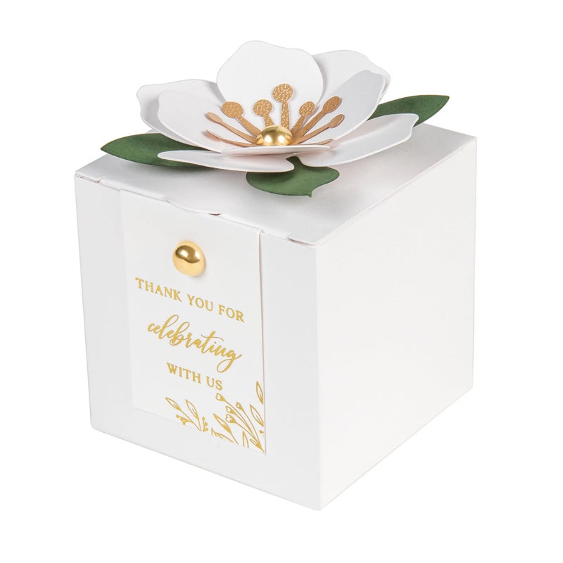 FEIYI 20 PCS Favor Boxes, 3 In 1 White Candy Boxes with Floral Decor, White Thank You Tags Gold Foil Print Gift wrapping for Wedding, Baby Shower, Birthday, Decorations Party - 2.55x2.55x2.55 - Image 1