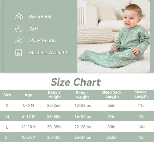FIEMOL Baby Sleep Sack 18-24 Months, Long Sleeve Baby Wearable Blanket 0.5 Tog with Mittens, 2-Way Zipper Toddler Cotton Sleeping Sack for Boy and Girl Green Dinosaur 2 Pack(XLarge) - Image 4