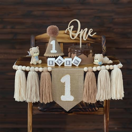 DCJHFJ 1st Birthday Decorations Boys High Chair Banner With One Cake Topper Brown Conical Hat For First Party - Image 1
