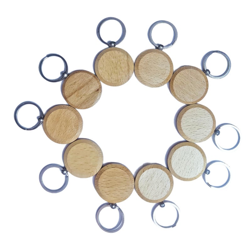 Kidultz Empty Wooden Keychain For DIY Projects - Laser Engravable, Printable & Writable - Pack Of 10 - Different Shapes (Round Shape),Multicolor - Image 1