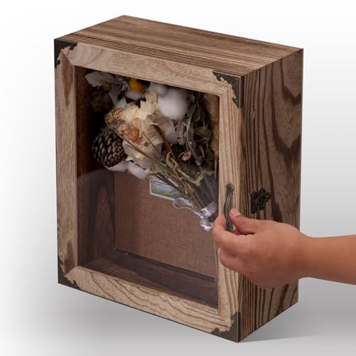 KAASTHAA Shadow Box Frame 11x13, Depth 5in Shadow Boxes Display Cases, Rustic Burnt Wood, Vintage Metal Accents, Acrylic Door, Metal Handle and Latch, Linen Back - Image 3