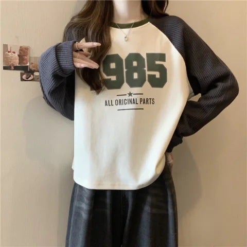 Korean Style Spring and Autumn New Loose All-match Contrast Color T-shirt Stitching Pullover Shoulder Long-sleeved Short Sweatshirt Womens Trendy Apricot with dark gray