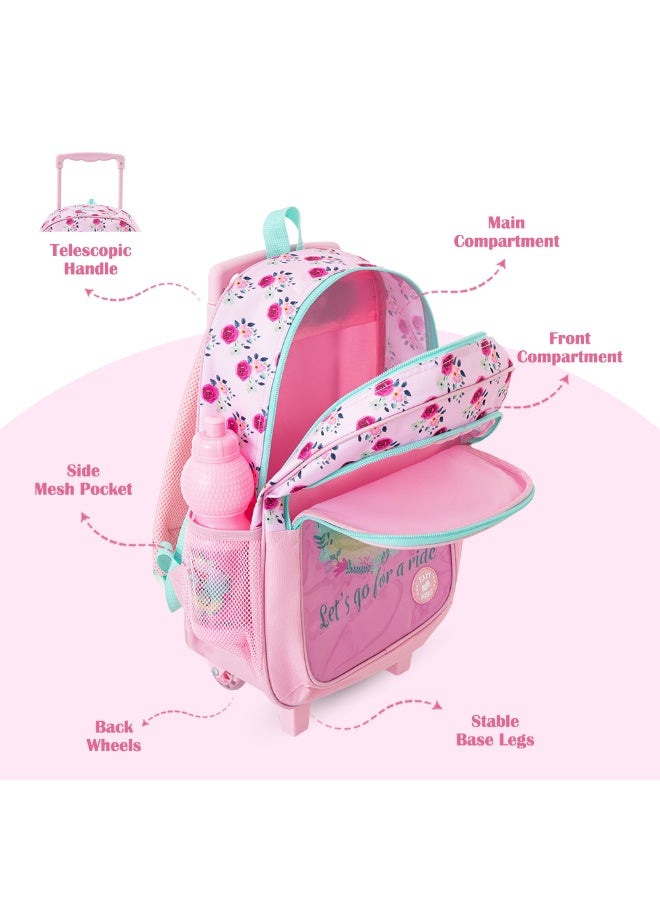 Eazy Kids حقيبة مدرسية بعجلات للأطفال 17 بوصة من إيزي كيدز - مجموعة قيمة 5 في 1 مع عجلات - حقيبة ظهر، حقيبة غداء، زجاجة ماء، صندوق غداء وعلبة أقلام، وردي - Image 2