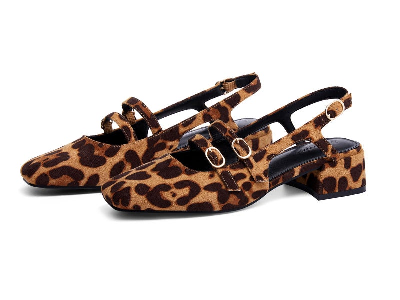 Coutgo Womens Mary Jane Chunky Low Heels Slingback Pumps Closed Square Toe Wedding Dress Shoes, Leopard, Size 8 - Image 3