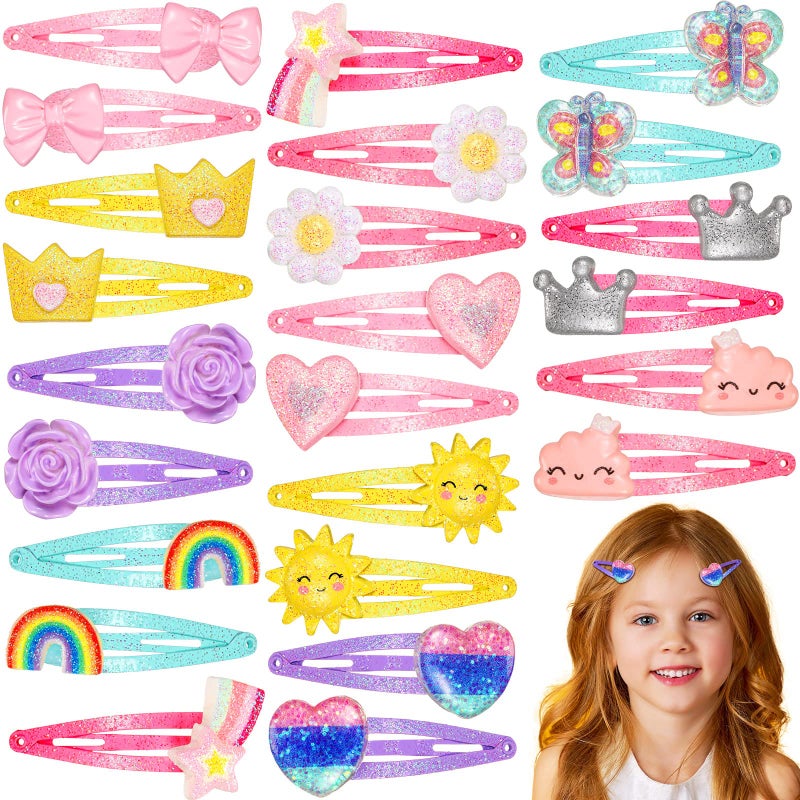Hanaive 24 Pcs Rainbow Unicorn Clips Metal Clips Butterfly Snap Barrettes Cute Mermaid Hair Pins Sparkly Animal Hair Accessories for Toddlers Little Girls Birthday Party Gifts(Lovely Pattern) - Image 1